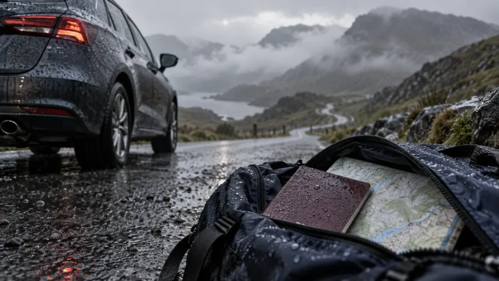 Meteo scotland : voiture sous la pluie sur route humide