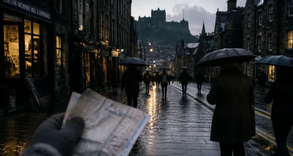 Quand aller à Édimbourg : Royal Mile sous la pluie, parapluies et château au loin