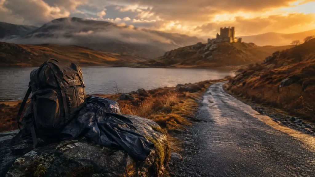 Quand visiter l'Écosse : route calme des Highlands au golden hour, loch brumeux et château