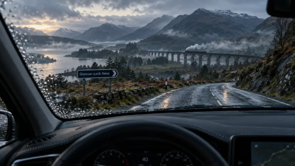Road trip 4 jours écosse : vue depuis voiture vers le viaduc de Glenfinnan