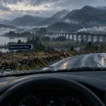Road trip 4 jours écosse : vue depuis voiture vers le viaduc de Glenfinnan