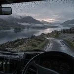 Road trip camping car Écosse : van sur single track en brume