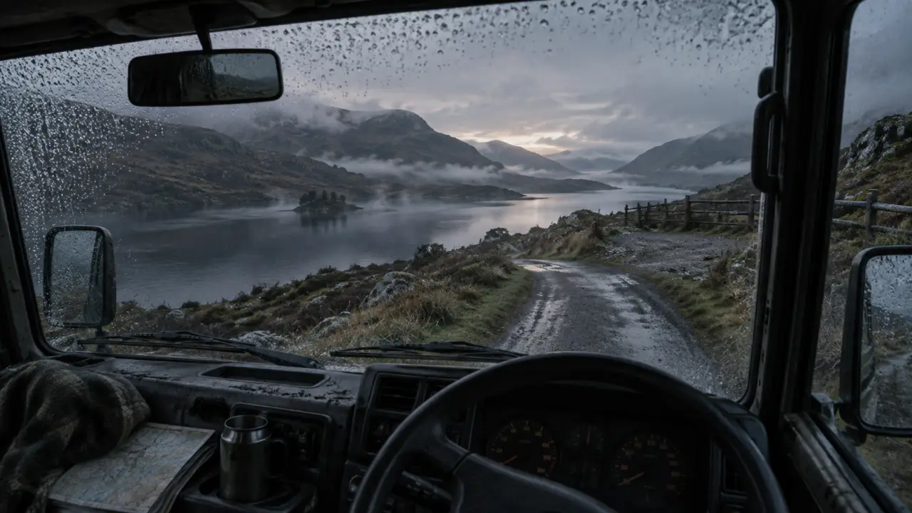 Road trip camping car Écosse : van sur single track en brume
