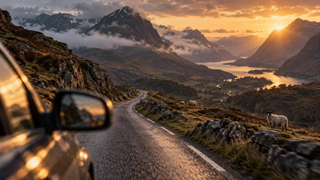Road trip Écosse 15 jours blog : route des Highlands vers Glencoe, voiture, moutons, brume