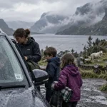 Road trip Ecosse 15 jours en famille : voiture familiale s’arrête sur un loch des Highlands