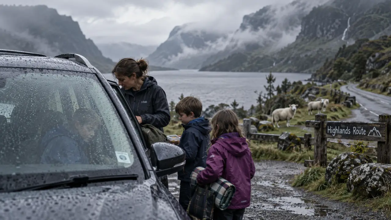 Road trip Ecosse 15 jours en famille : voiture familiale s’arrête sur un loch des Highlands