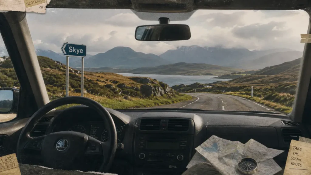 Road trip ecosse 15 jours : route vers Skye et Highlands, loch brumeux depuis la voiture