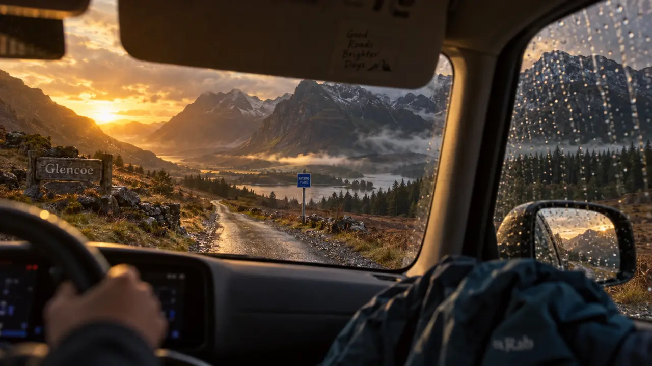 Road trip ecosse 2 semaines : route vers Glencoe, Highlands au golden hour