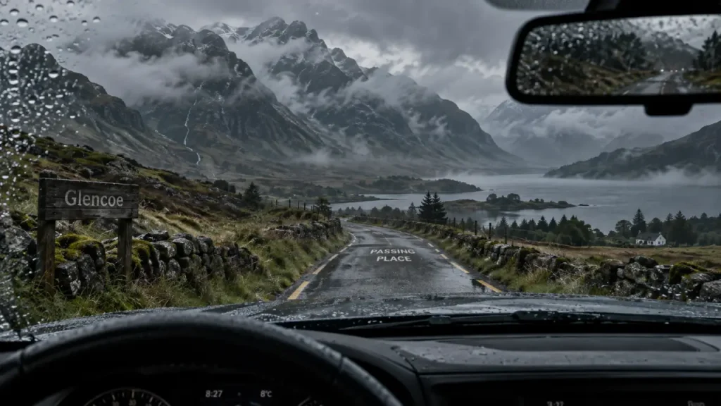 road trip ecosse 3 jours : route des Highlands sous pluie, Glencoe