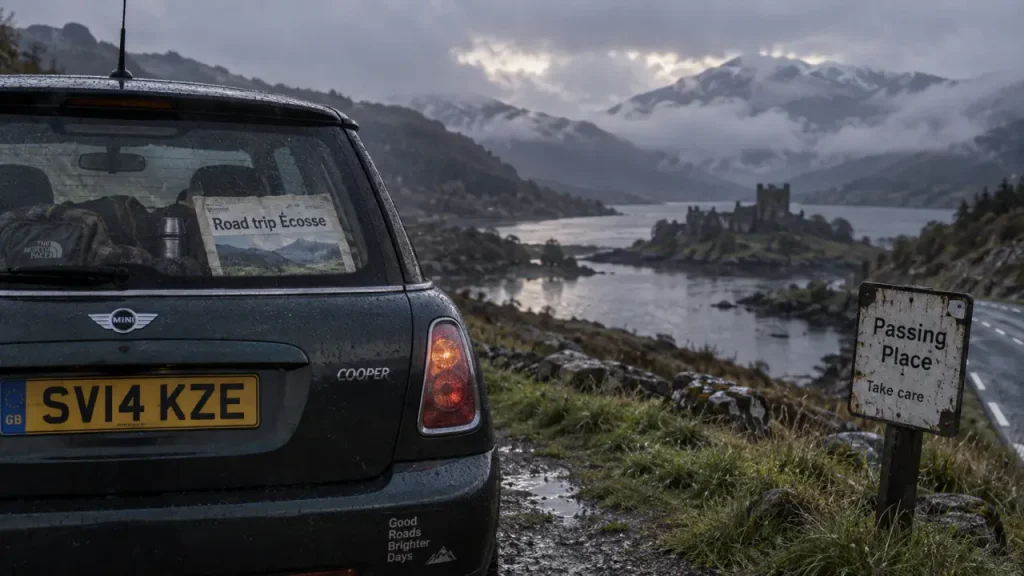 Road trip ecosse 3 semaines : voiture sur route des Highlands, loch brumeux et château en ruines