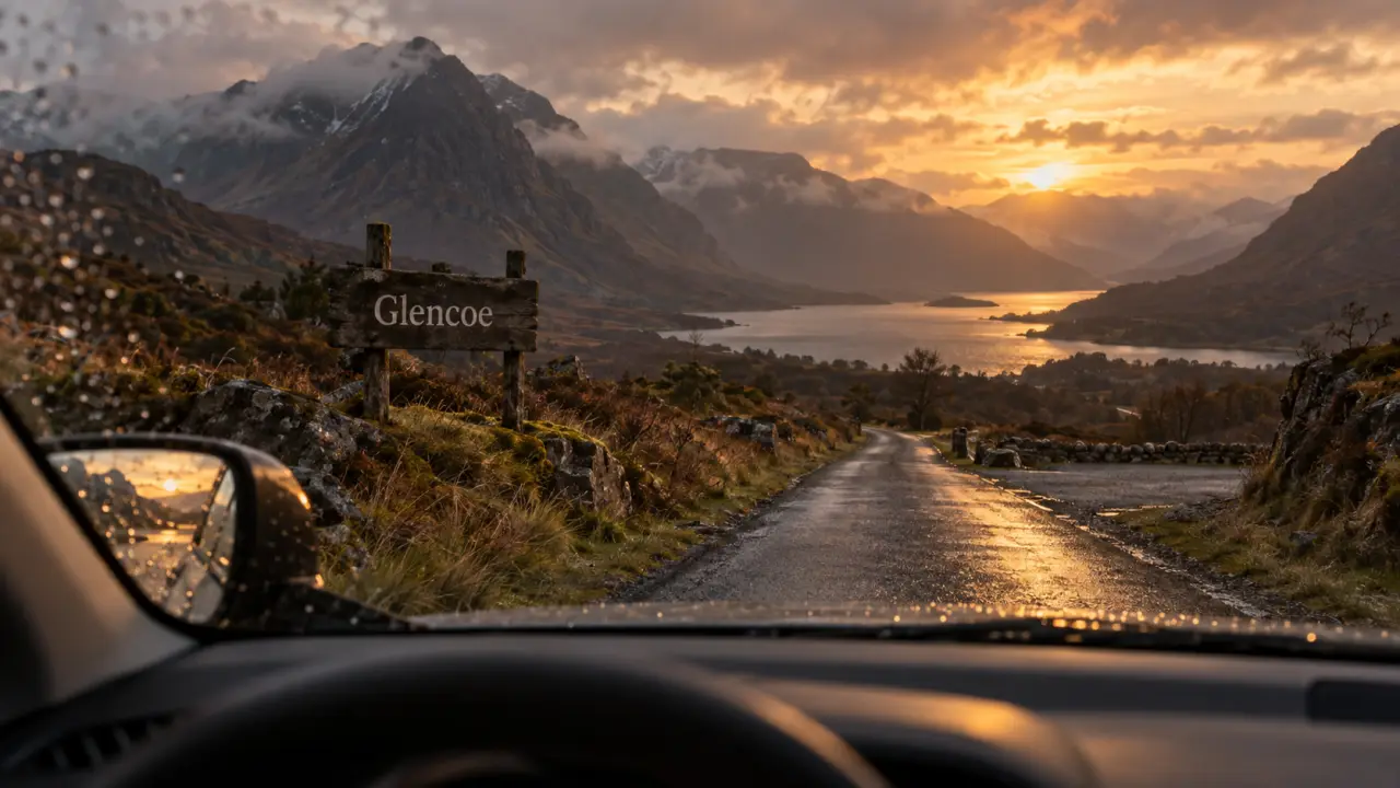 Road trip ecosse 6 jours : route à gauche près de Glencoe, brume et loch