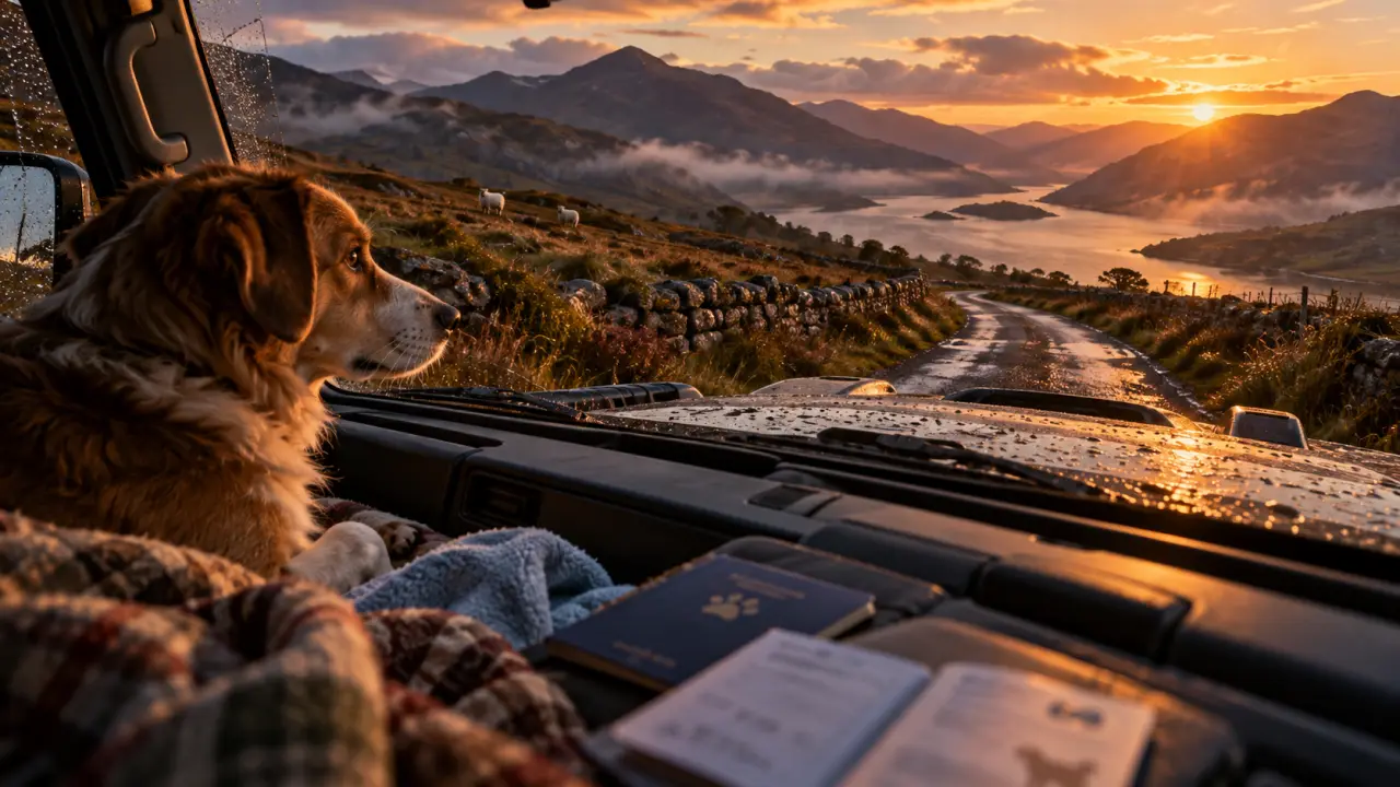 Road trip ecosse chien en 4x4 : chien près du pare-brise, Highlands