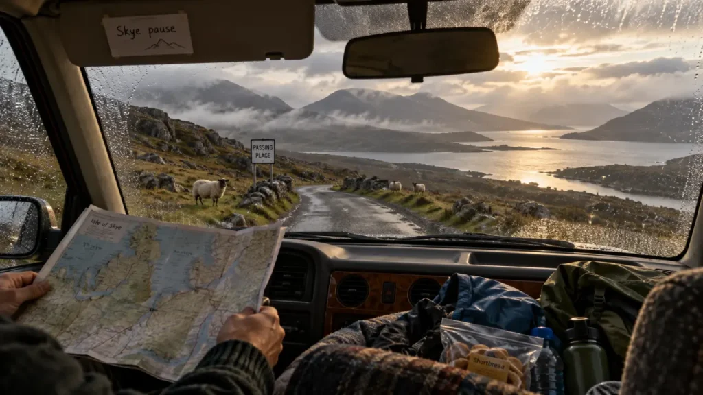 Road trip ecosse en famille en voiture, pause à Skye, route et loch brumeux