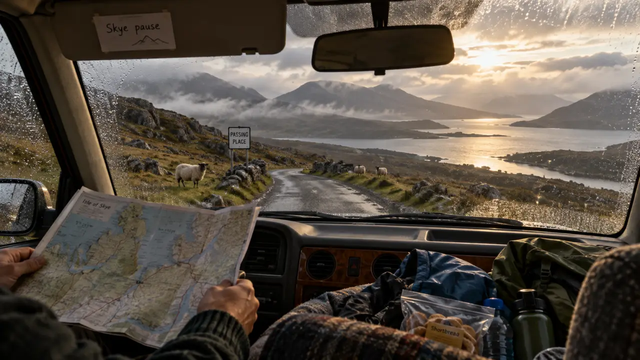 Road trip ecosse en famille en voiture, pause à Skye, route et loch brumeux