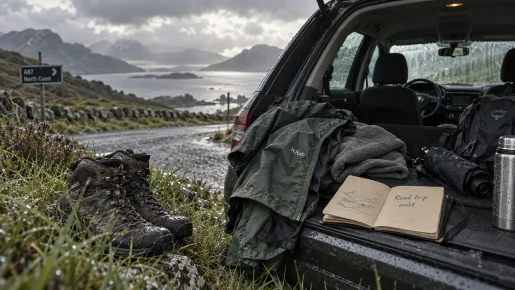 temperature ecosse aout : chaussures et imperméable sur route côtière