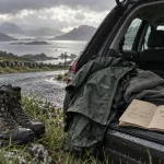 temperature ecosse aout : chaussures et imperméable sur route côtière