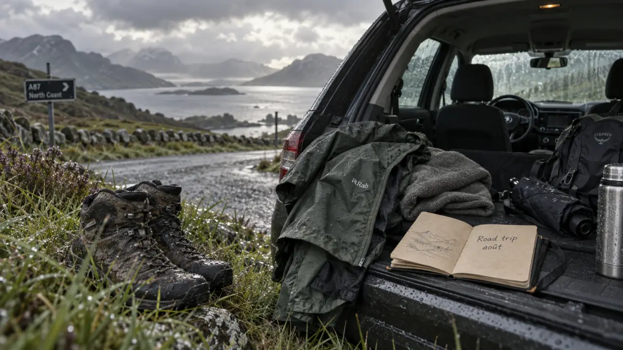 temperature ecosse aout : chaussures et imperméable sur route côtière