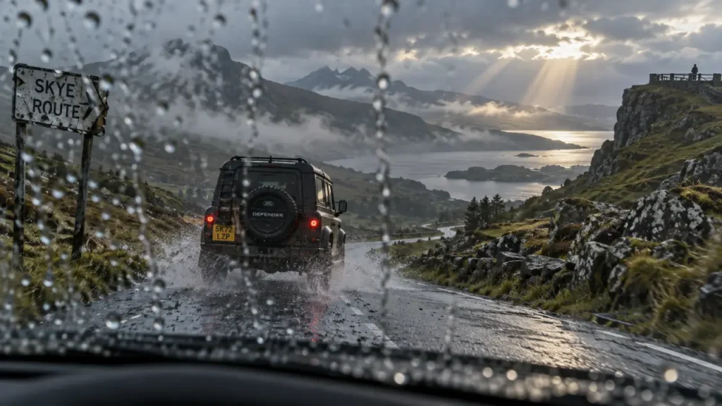 Temps ecosse aout : 4x4 sur route humide, brouillard et belles éclaircies en Highlands