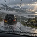 Temps ecosse aout : 4x4 sur route humide, brouillard et belles éclaircies en Highlands
