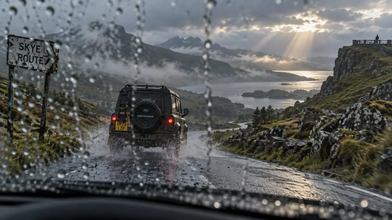 Temps ecosse aout : 4x4 sur route humide, brouillard et belles éclaircies en Highlands