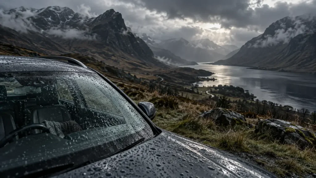 Visiter ecosse 1 semaine : voiture conduite à gauche en Highlands, brume de Glencoe