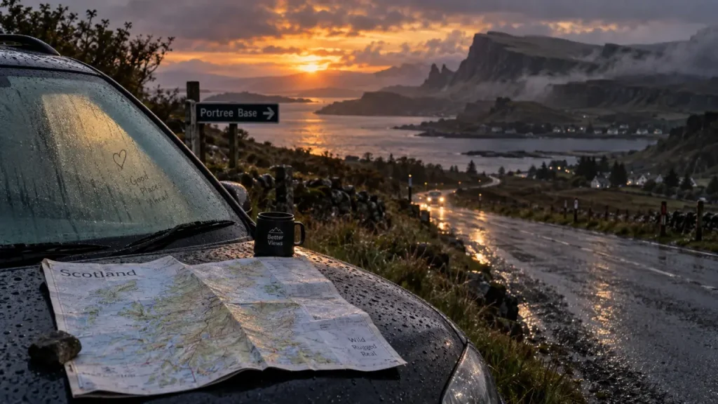 Visiter l ile de skye : coucher de soleil près de Portree et route brumeuse