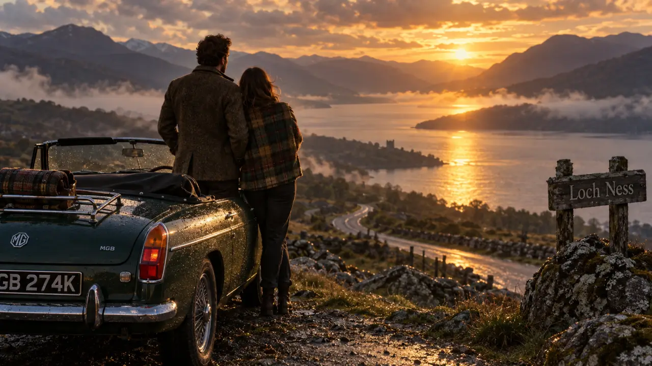 Voyage de noce en écosse : couple aux Highlands près du loch Ness.