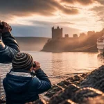 Voyage écosse famille : enfant et adulte voient le château d’Urquhart au bord du loch