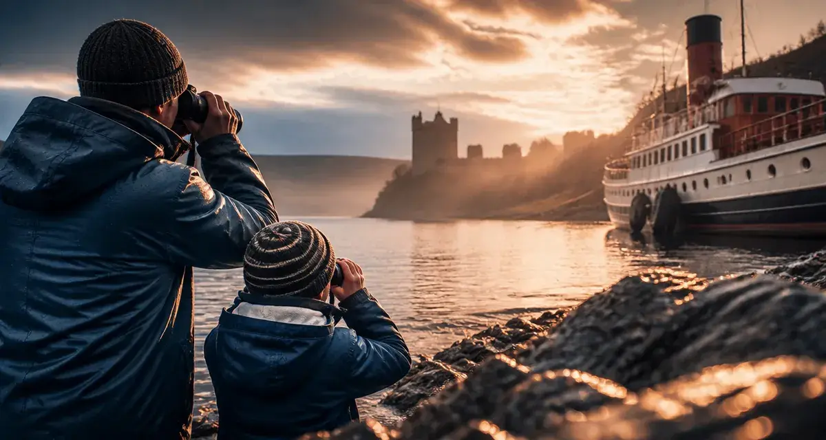 Voyage écosse famille : enfant et adulte voient le château d’Urquhart au bord du loch