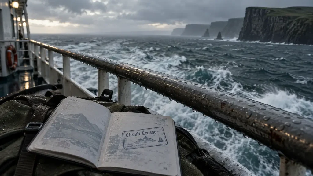Voyage Irlande Écosse circuit : ferry mer d’Irlande, garde-corps humide
