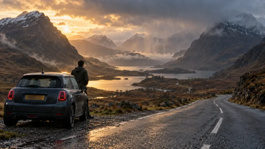 Week end ecosse 4 jours : voiture sur route des Highlands près d’un loch