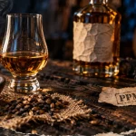Whisky tourbe : verre fumé, planche noircie et orge maltée