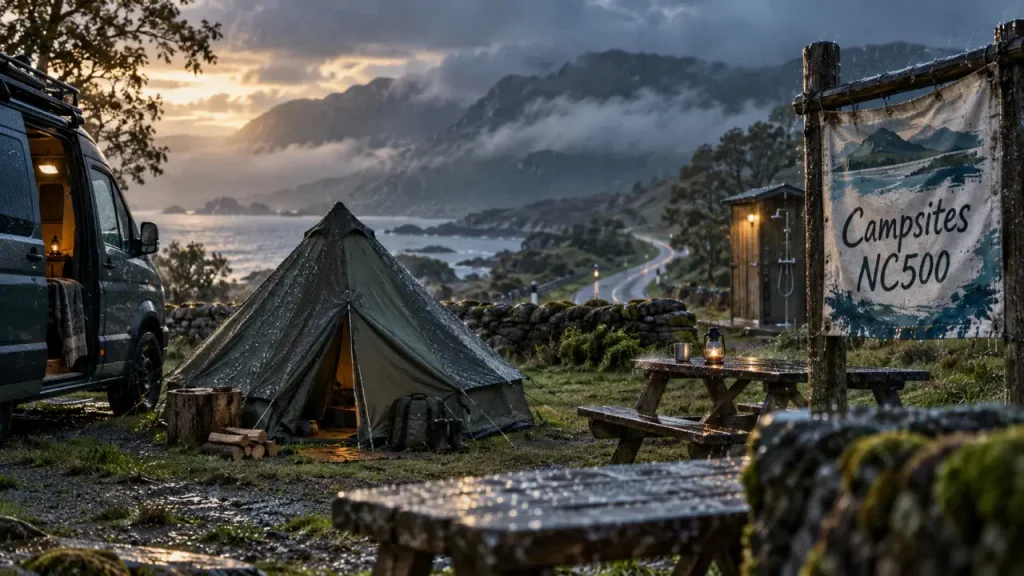 Campsites north coast 500 : tente, van et douches communes sous la pluie