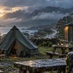 Campsites north coast 500 : tente, van et douches communes sous la pluie