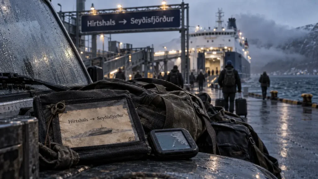 Écosse Islande ferry : quai et ferry en brume, badge de voyage