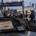 Écosse Islande ferry : quai et ferry en brume, badge de voyage
