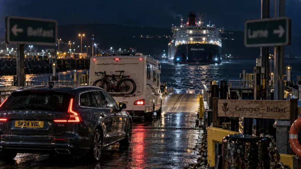 Ferry écosse irlande : voiture au quai, approche du navire Belfast-Larne