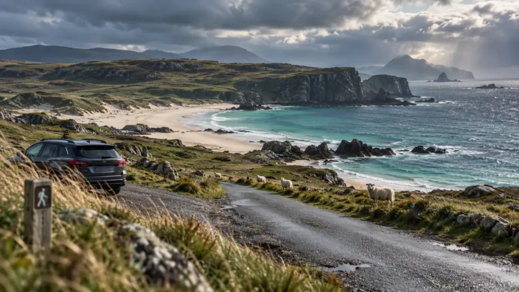 North coast 500 beaches : route étroite et plage turquoise