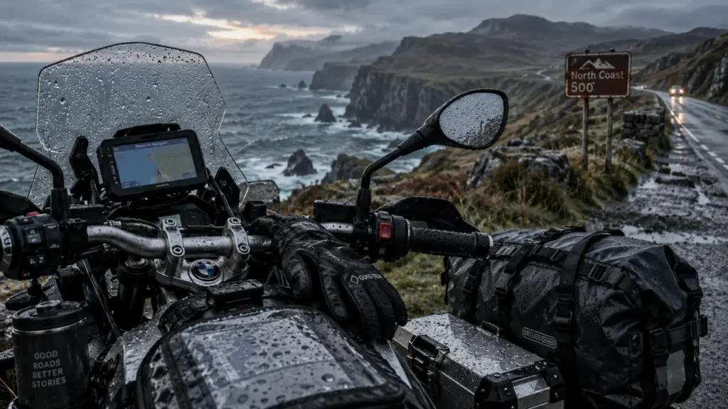 North Coast 500 by motorcycle : route côtière écossaise, moto et mer grise