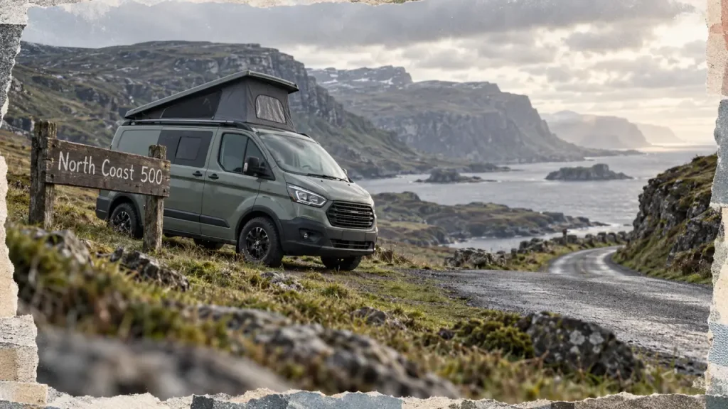 North coast 500 campervan garé près d’un loch, vue sur les falaises