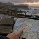 North Coast 500 combien de jours : carte et carnet sur capot, route côtière écossaise