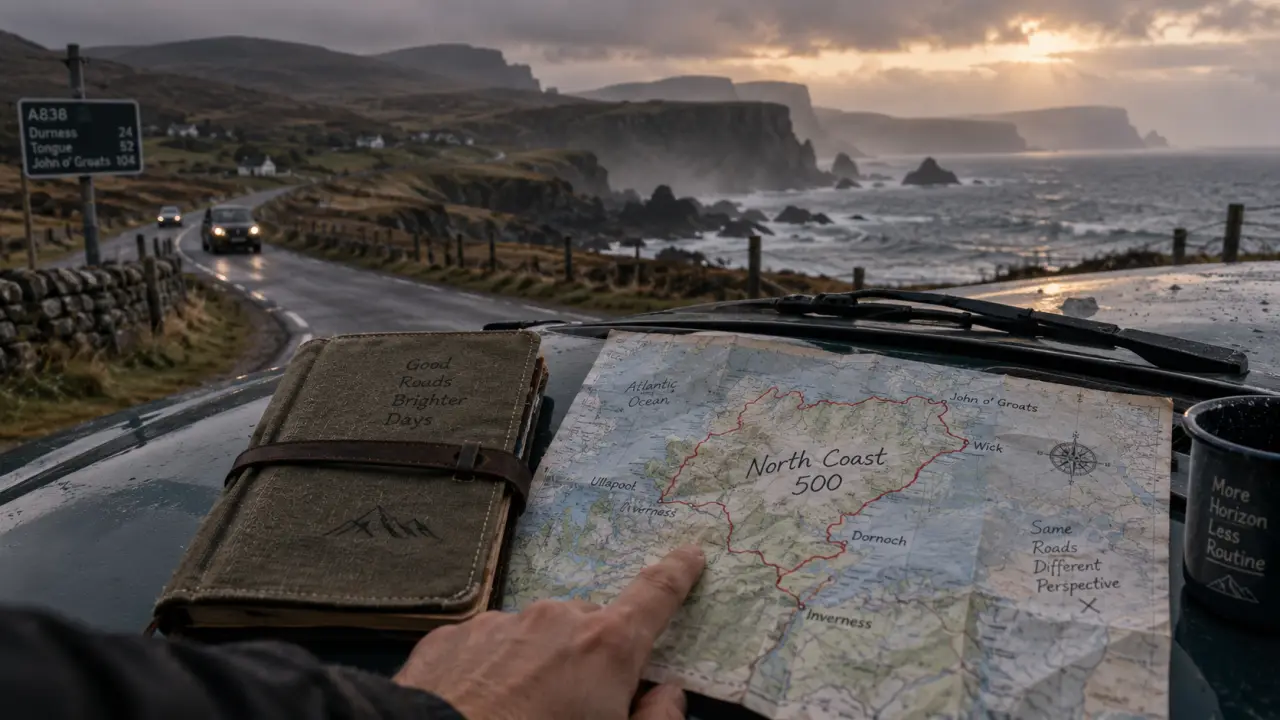 North Coast 500 combien de jours : carte et carnet sur capot, route côtière écossaise