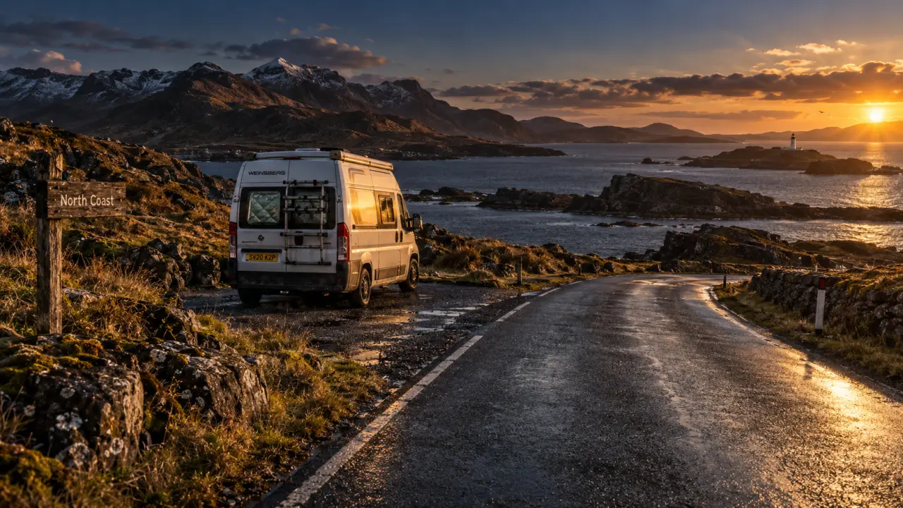 North Coast 500 en camping car : van face à un loch, route côtière des Highlands