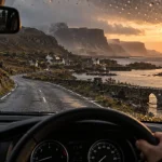 North Coast 500 guide : route côtière des Highlands, vue depuis pare-brise en golden hour
