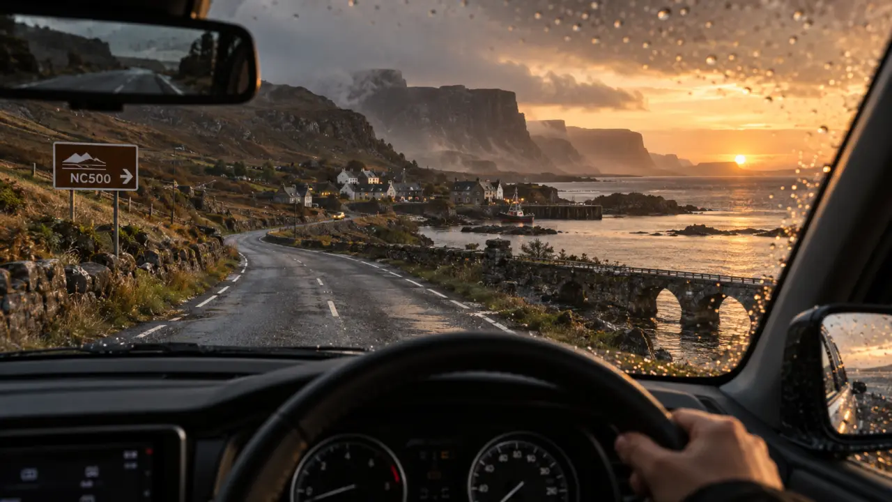 North Coast 500 guide : route côtière des Highlands, vue depuis pare-brise en golden hour