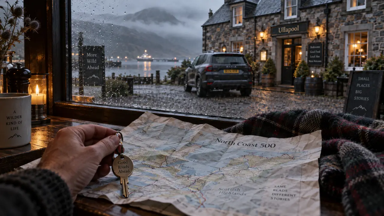 North Coast 500 hotels : hôtel à Ullapool, clé de chambre et carte de la route