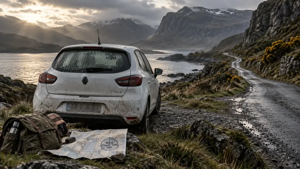 north coast 500 itinerary 10 days : road trip dans les Highlands, voiture près d’un loch