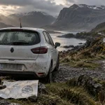 north coast 500 itinerary 10 days : road trip dans les Highlands, voiture près d’un loch
