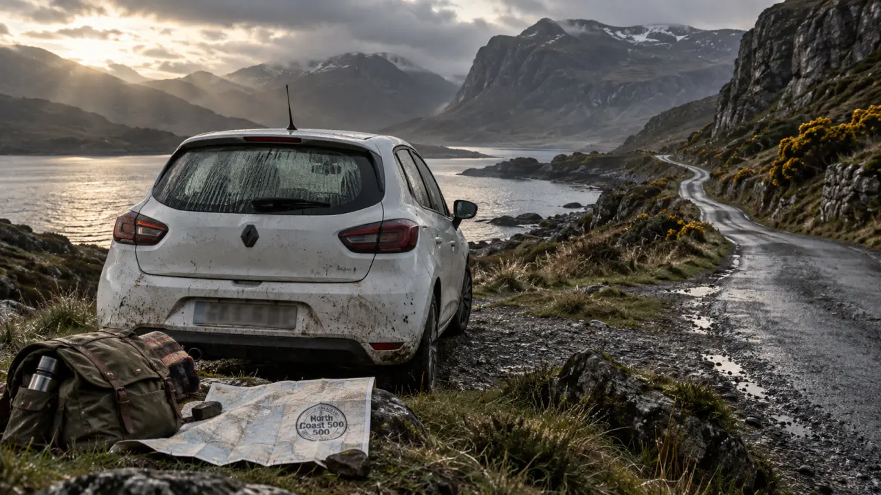 north coast 500 itinerary 10 days : road trip dans les Highlands, voiture près d’un loch