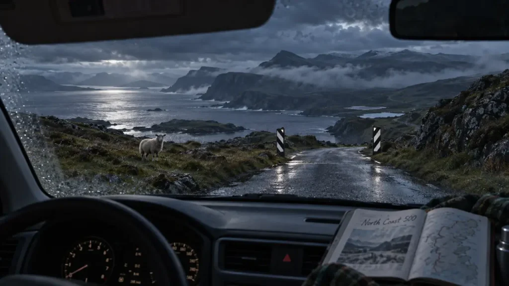 North Coast 500 itinerary 5 days : voiture sur route humide, côte nord écossaise